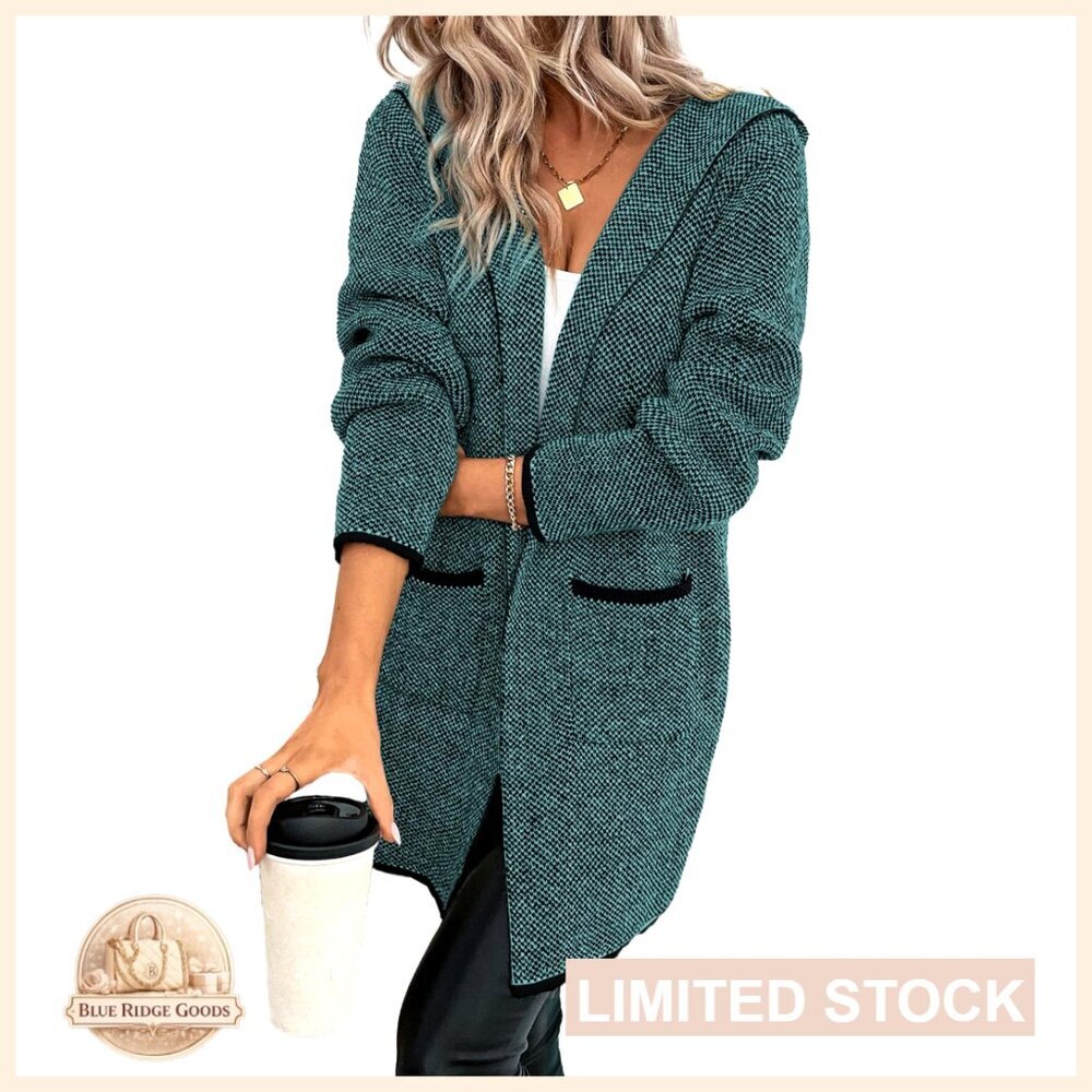 Oversized Chunky Hooded Cardigan Sweater with Contrast Design and Pockets